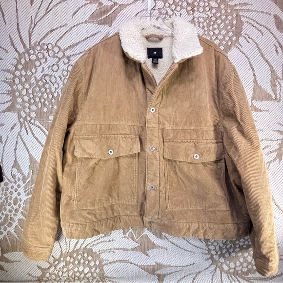 H&M Men's Dark Beige Corduroy Trucker Jacket with Sherpa Borg Lining Size XXL - Picture 2 of 12